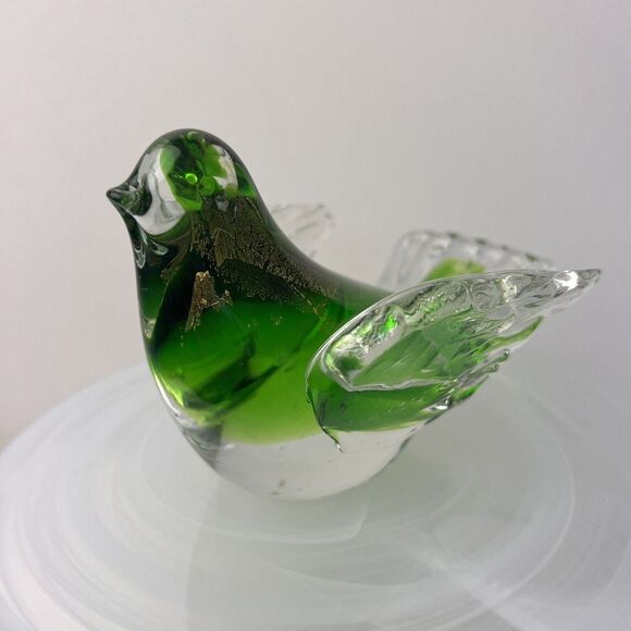 Murano Style  Glass Bird Dove Paperweight Decor Clear Glass GreenGold Inlay - Picture 3 of 10